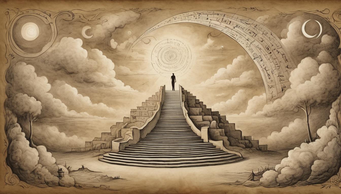  on parchment, surrealism++, endless staircase ascending into the sky, each step ablaze with celestial light, transcending, rising, infinite(mysterious, provocative, symbolic)++