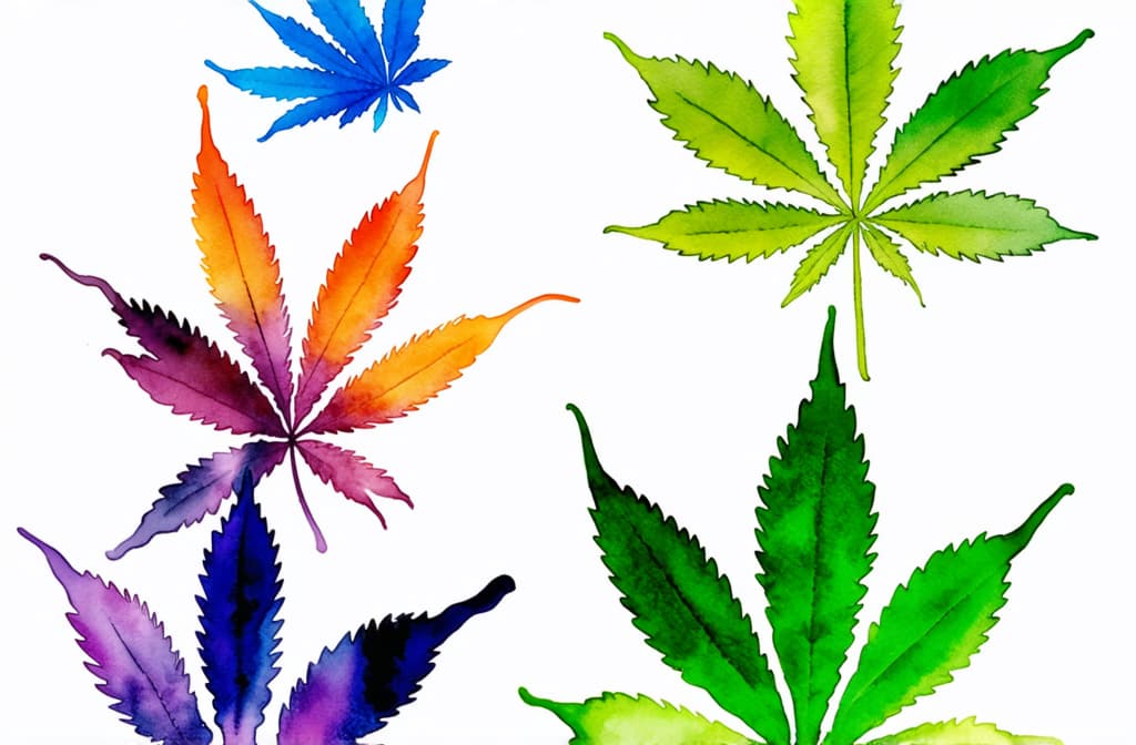  artwork background of blue,orange,green,purple cannabis leaves on white background ar 3:2, watercolor techniques, featuring fluid colors, subtle gradients, transparency associated with watercolor art