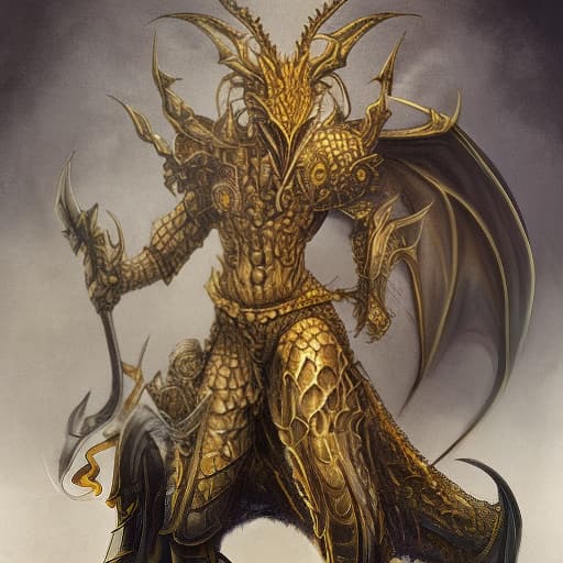 dvarchmodern arthropomorphic dragon is a barbarian covered with gold scales, eyes burn yellow, in hand a huge sword, in the district everything is on fire.