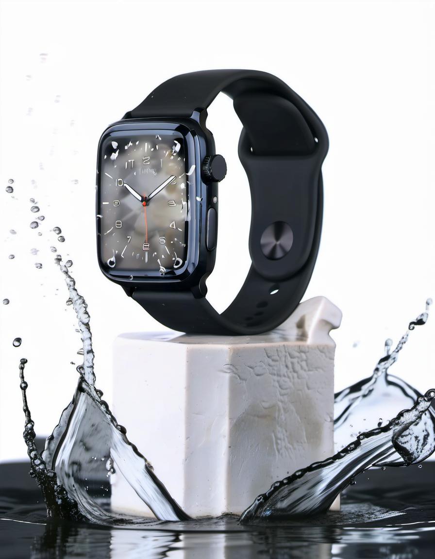  smart watch on white stone, around splash of water, white background, reflection of the clock in water, film photography style