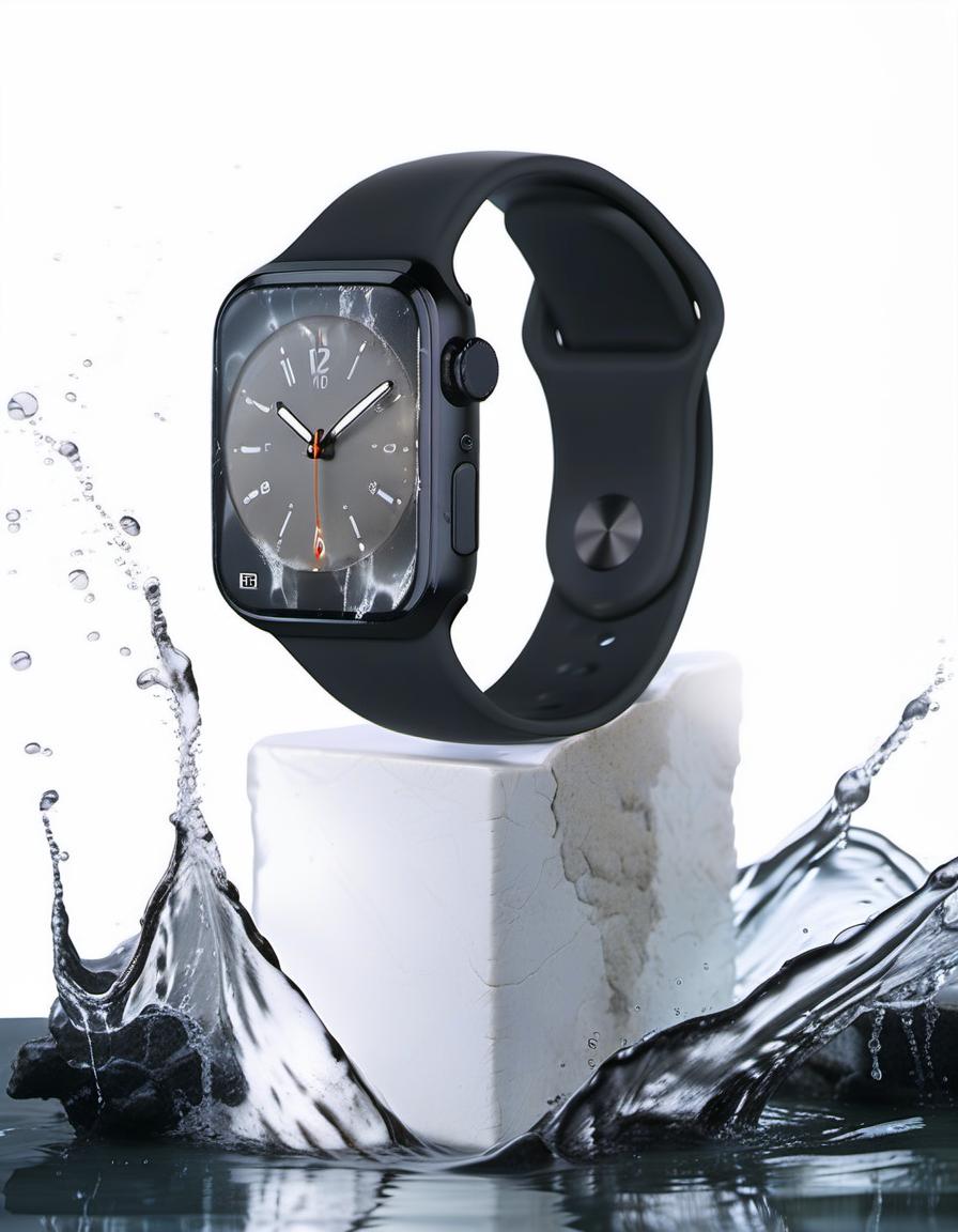  smart watch on white stone, around splash of water, white background, reflection of the clock in water, film photography style