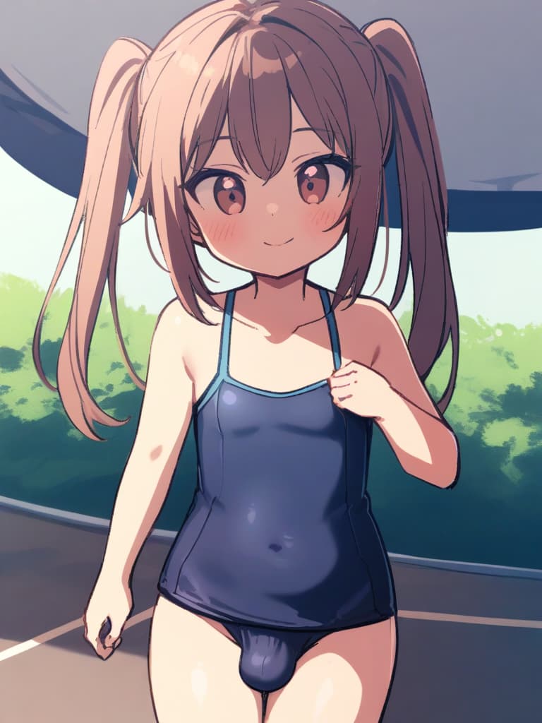  women's elementary students (with male), twin tails, cute smiles, rich s, short stature, dark blue swimwear, old swimwear, swimwear, simple, (swelling), upward, (bulge), front, whole body, pool side,