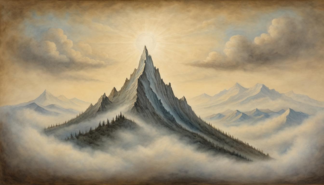  on parchment, surrealism++, mountain peak, rising above clouds, ethereal light, majestic, triumphant(mysterious, provocative, symbolic)++