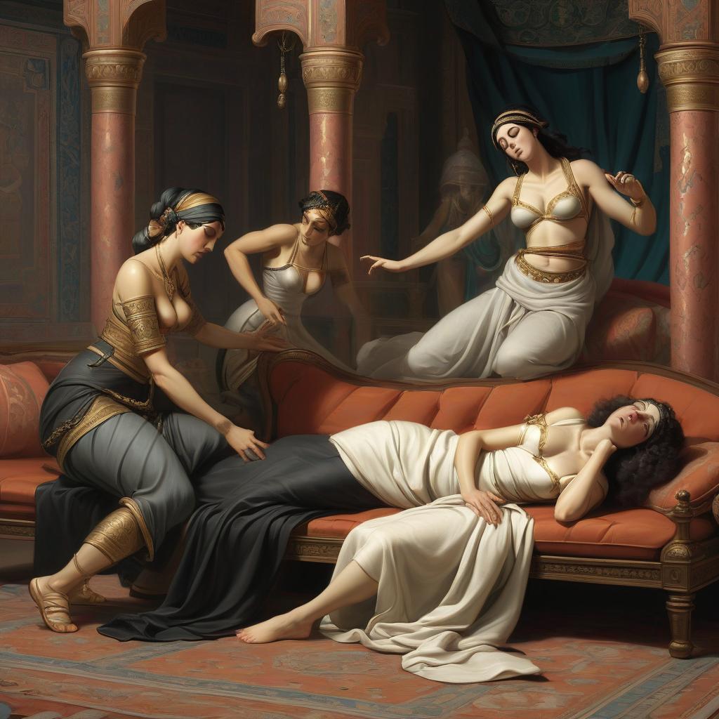  a black, lush odaliscus fainted in a harem and lies unconscious on a couch, two maids swinging at her.