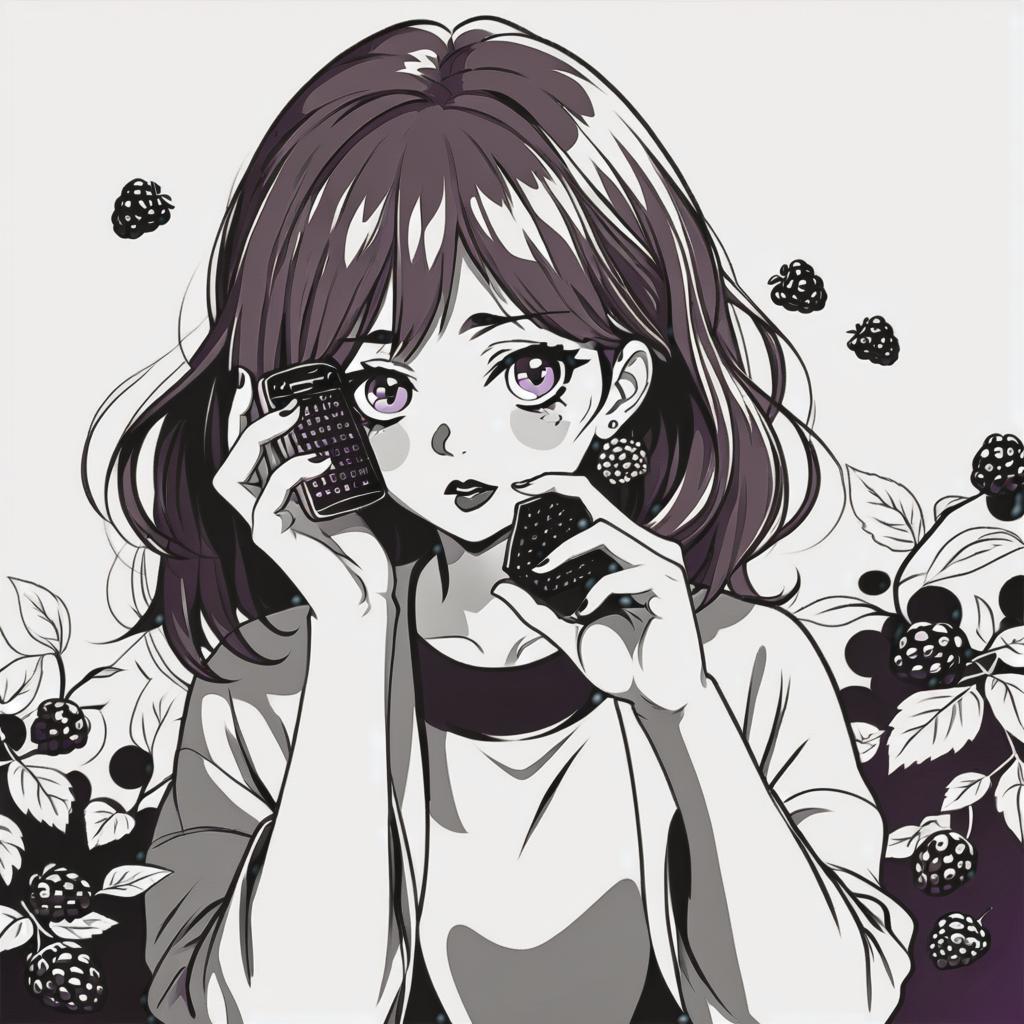  line art drawing girl with blackberry, same nightmare. anime style . professional, sleek, modern, minimalist, graphic, line art, vector graphics