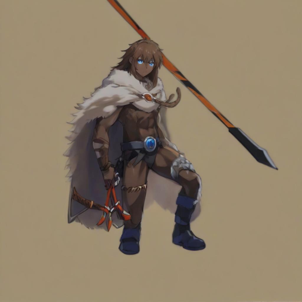  anime artwork human , strong, tribe man, crossbow, brown fur cape , blue eyes, . anime style, key visual, vibrant, studio anime, highly detailed