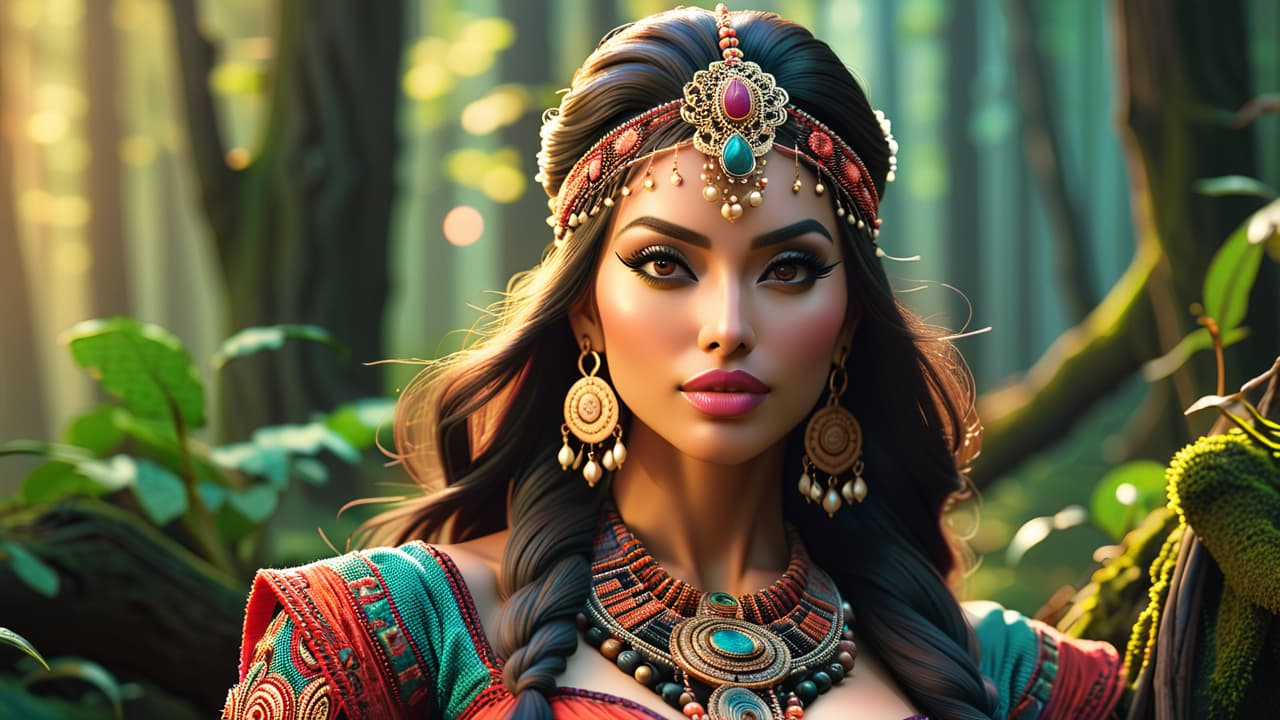  a vibrant tapestry of diverse beadwork styles, showcasing intricate patterns and colors from various cultures, surrounded by natural materials like wood and stone, with a soft, warm light illuminating the textures and details. hyperrealistic, full body, detailed clothing, highly detailed, cinematic lighting, stunningly beautiful, intricate, sharp focus, f/1. 8, 85mm, (centered image composition), (professionally color graded), ((bright soft diffused light)), volumetric fog, trending on instagram, trending on tumblr, HDR 4K, 8K