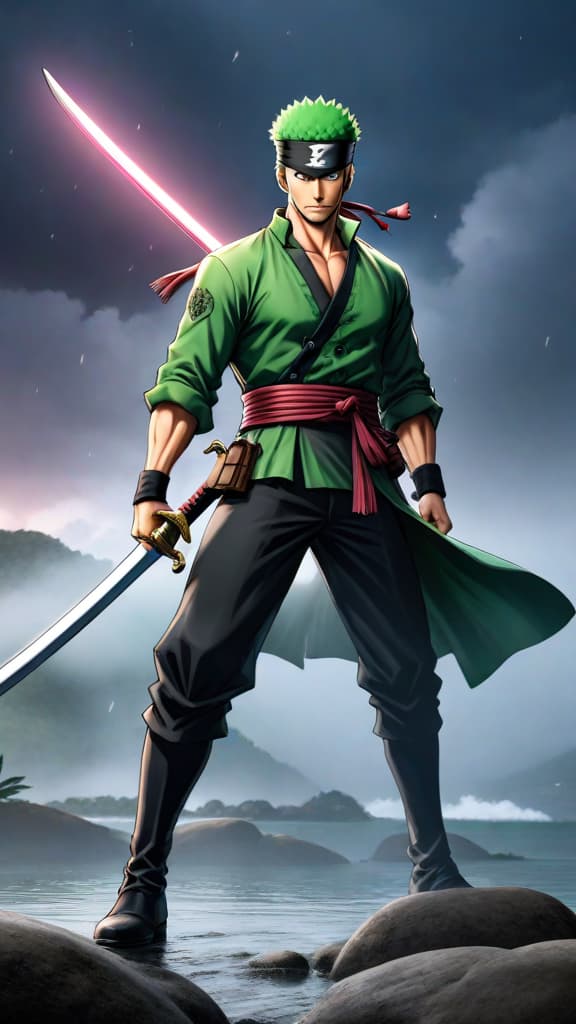  anime art: zoro's determination faces mihawk's mastery—but is it possible to surpass the world's greatest swordsman? hyperrealistic, full body, detailed clothing, highly detailed, cinematic lighting, stunningly beautiful, intricate, sharp focus, f/1. 8, 85mm, (centered image composition), (professionally color graded), ((bright soft diffused light)), volumetric fog, trending on instagram, trending on tumblr, HDR 4K, 8K