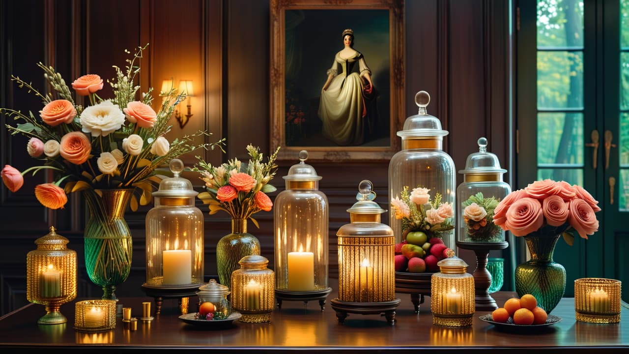  a lavish makeup display featuring elegant glass jars and bottles, shimmering gold accents, and luxurious textures. surround with soft, ambient lighting and delicate floral arrangements to evoke a sense of opulence and sophistication. hyperrealistic, full body, detailed clothing, highly detailed, cinematic lighting, stunningly beautiful, intricate, sharp focus, f/1. 8, 85mm, (centered image composition), (professionally color graded), ((bright soft diffused light)), volumetric fog, trending on instagram, trending on tumblr, HDR 4K, 8K