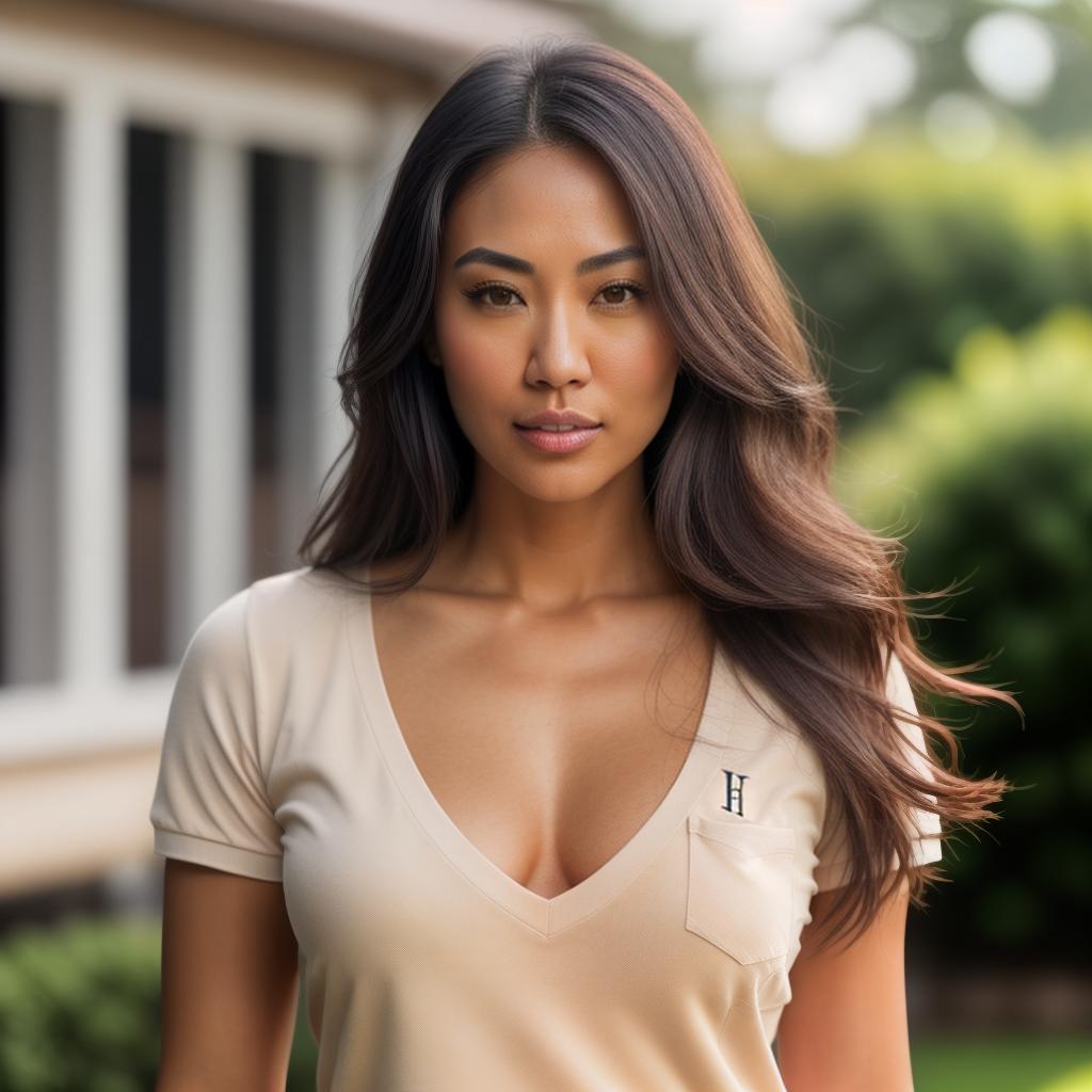  (((realistic full torso frontal head shot of a light tan skin tone woman))), eri mana fujita, ((japanese heritage)), immature face, green eye color, ((long hair style)), (( hair color)), ((skinny body type)), medium size, athletic size, (immature broad flat nose), (immature rounded cheeks), (immature soft jawline), (immature full lips), (immature prominent forehead), (immature even eyebrows), (immature slightly rounded chin), standing straight looking directly into the camera,((wearing fitted polo shirt with deep v neck and monogrammed pocket)), backyard in background, 1, best quality, highest quality, award winning photo, masterpiece, raw, professional photography, photorealism, sharp focus, cinematic, high res hyperrealistic, full body, detailed clothing, highly detailed, cinematic lighting, stunningly beautiful, intricate, sharp focus, f/1. 8, 85mm, (centered image composition), (professionally color graded), ((bright soft diffused light)), volumetric fog, trending on instagram, trending on tumblr, HDR 4K, 8K