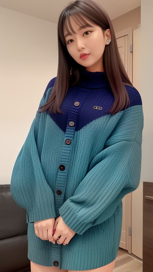  Room V sweater with dark blue-green buttons Brown hair semi-straight long woman crying