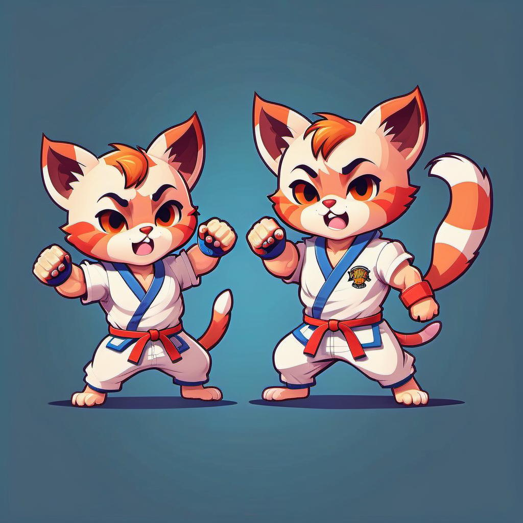  street fighter style sketches of a kitten in a jumpsuit, dynamic poses, a cheerful bully, without a background, flat cartoon style . vibrant, dynamic, arcade, 2d fighting game, highly detailed, reminiscent of street fighter series, logo