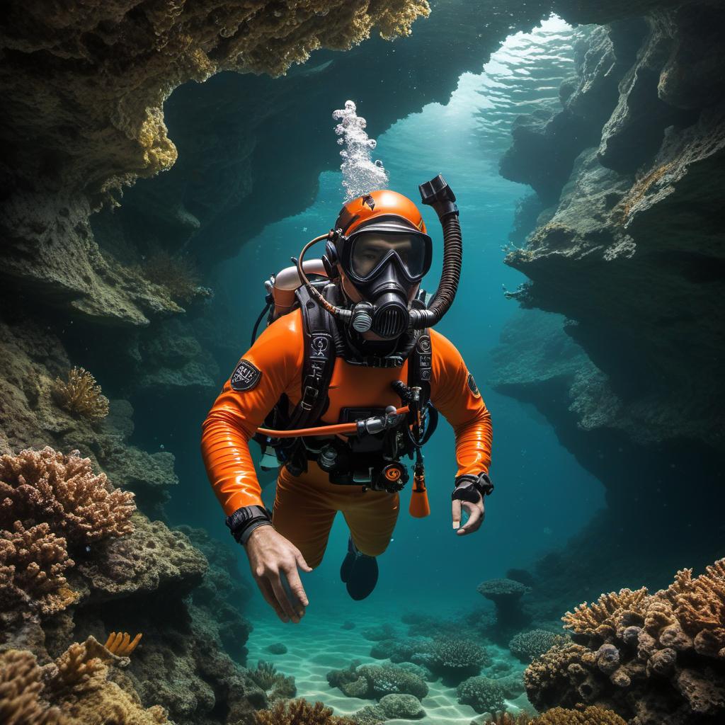  jb name, male, rebreather diver, thick loops, helmet in orange, cave diver, underwater, face view diver, fresh water, shoulder view, jb, mythological style