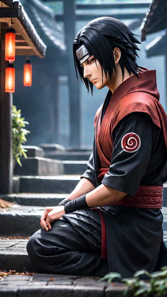  anime art: itachi uchiha plans his own demise, gifting sasuke the power to protect konoha. hyperrealistic, full body, detailed clothing, highly detailed, cinematic lighting, stunningly beautiful, intricate, sharp focus, f/1. 8, 85mm, (centered image composition), (professionally color graded), ((bright soft diffused light)), volumetric fog, trending on instagram, trending on tumblr, HDR 4K, 8K