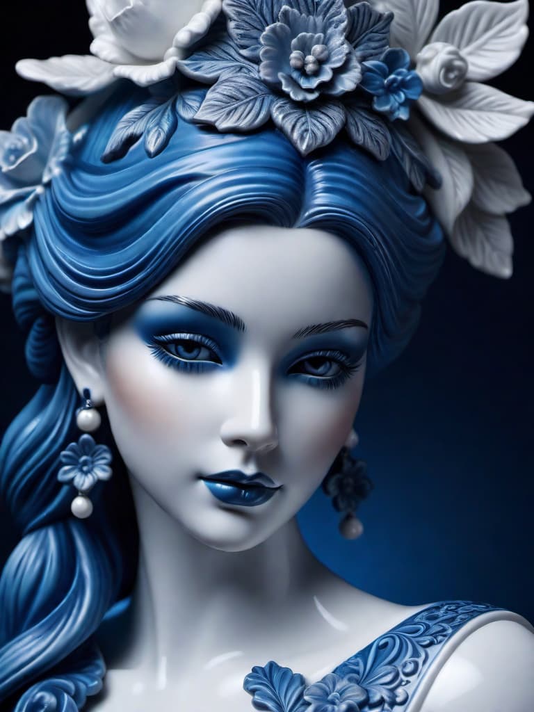  Close-up porcelain female figurine, looking to the camera, glossy surface, glaze, shiny, blue floral tattoos on her, dark gradient background, baroque dark style, hyperrealistic, CG society, intricate details