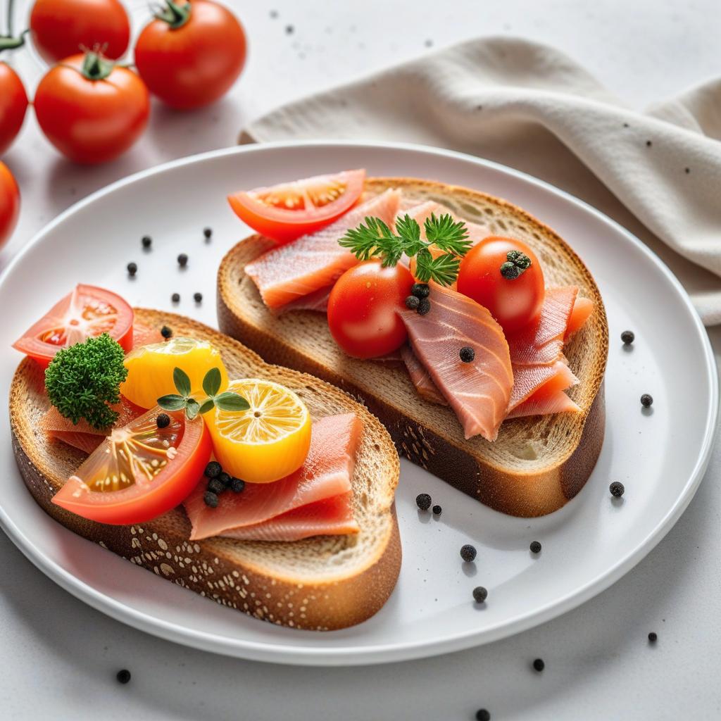  realistic close up portrait meal photo of (((Toast with tomato and smoked fish))), with (smoked fish filet, Pink sliced, Whole wheat bread, Black pepper), ((served in a white plate)), ((with white background)), (((Healthy Eating Plate))), (((Harvard Eating Plate))), ((food photography)), with macro lens, shallow depth of field, highly detailed, natural lighting, natural colors, photorealism, Canon EOS R3, nikon, f/1.4, ISO 200, 1/160s, 8K, RAW, unedited, in-frame hyperrealistic, full body, detailed clothing, highly detailed, cinematic lighting, stunningly beautiful, intricate, sharp focus, f/1. 8, 85mm, (centered image composition), (professionally color graded), ((bright soft diffused light)), volumetric fog, trending on instagram, trending on tumblr, HDR 4K, 8K