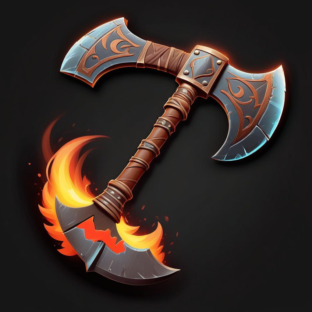  ethereal fantasy concept art of barbarian big battle axe, tribal accessories, rpg class minimal badge logo, front view, fire and ice, black background . magnificent, celestial, ethereal, painterly, epic, majestic, magical, fantasy art, cover art, dreamy, sticker, hkmagic