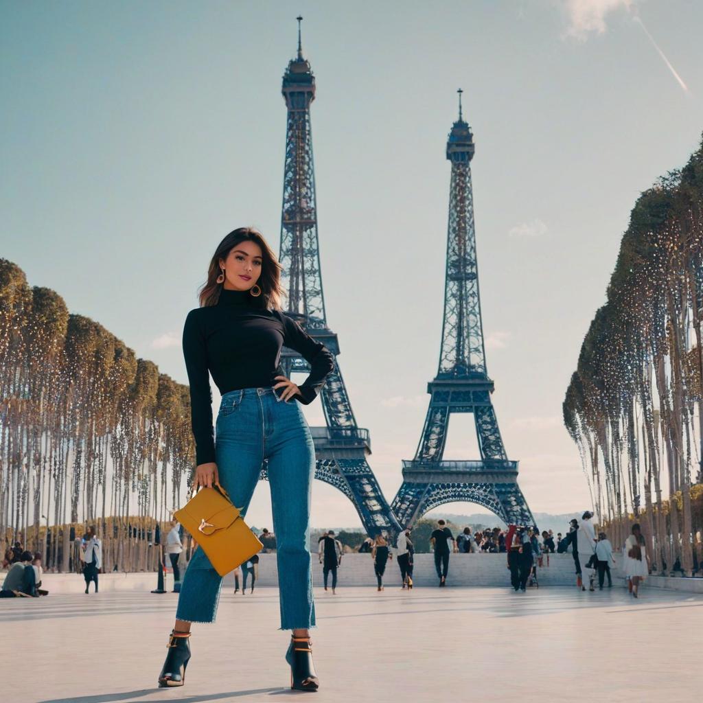  person in a casual outfit standing in front of eiffel tower