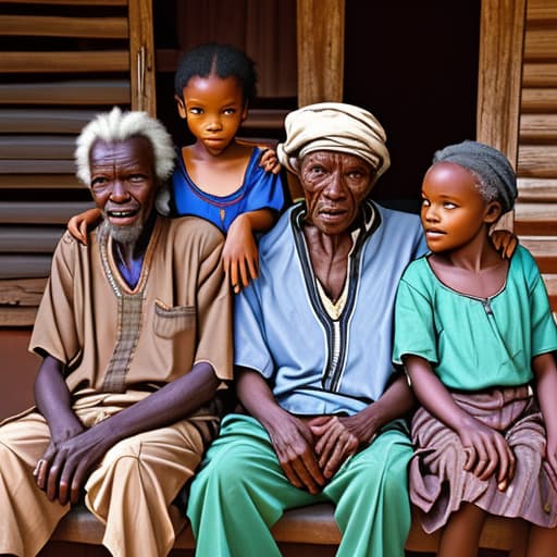  Poor Africa old man sitting with his wife and children outside their rondavels