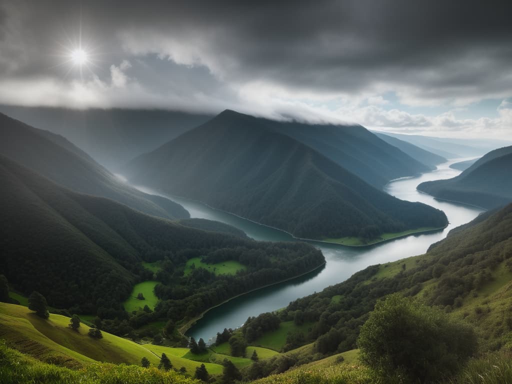  Valley with rain clouds and sun peeking out in sky hyperrealistic, full body, detailed clothing, highly detailed, cinematic lighting, stunningly beautiful, intricate, sharp focus, f/1. 8, 85mm, (centered image composition), (professionally color graded), ((bright soft diffused light)), volumetric fog, trending on instagram, trending on tumblr, HDR 4K, 8K