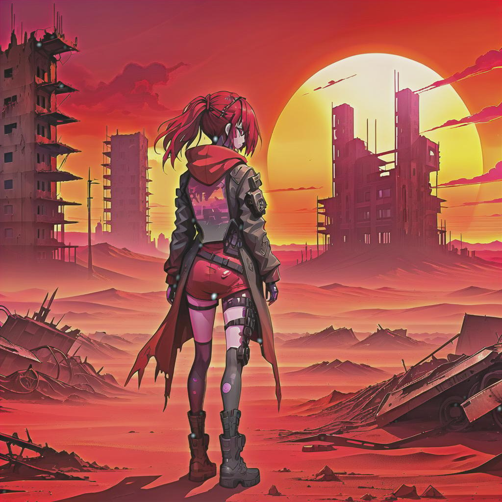  anime artwork image of post apocalyptic landscape, woman standing, in a clothes, the red sunset on the backround with a cyberpunk ruined buildings, in a red desert, cyberpunk art, anime style . anime style, key visual, vibrant, studio anime, highly detailed