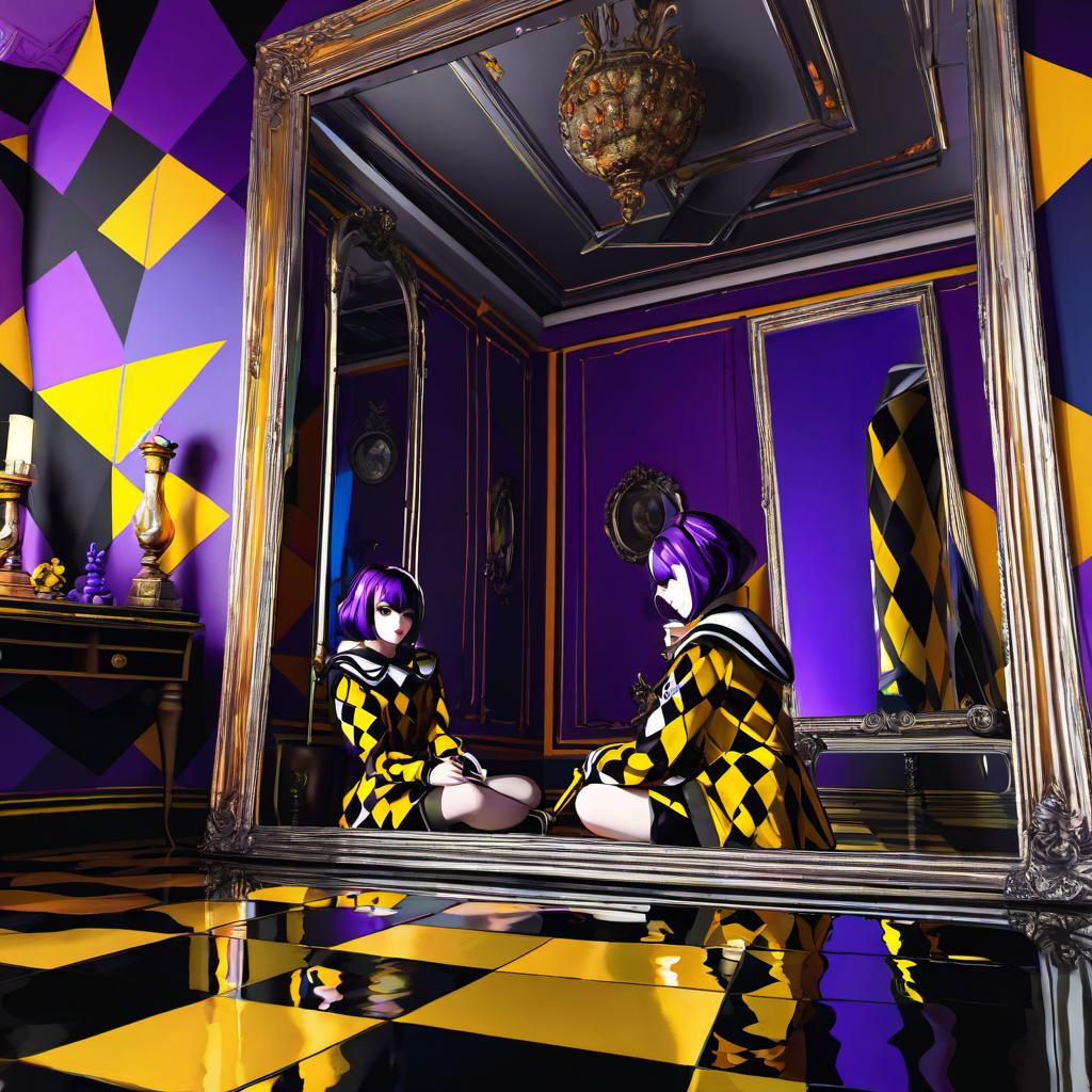  a young woman with a harlequin outfit color purple and yellow with black in a dark mirror room sitting on the corner floor with broken toys everywhere on the floor she is touching her reflection on the mirror wall a dark version of her is reflected on the mirror, award winning, professional, highly detailed, masterpiece