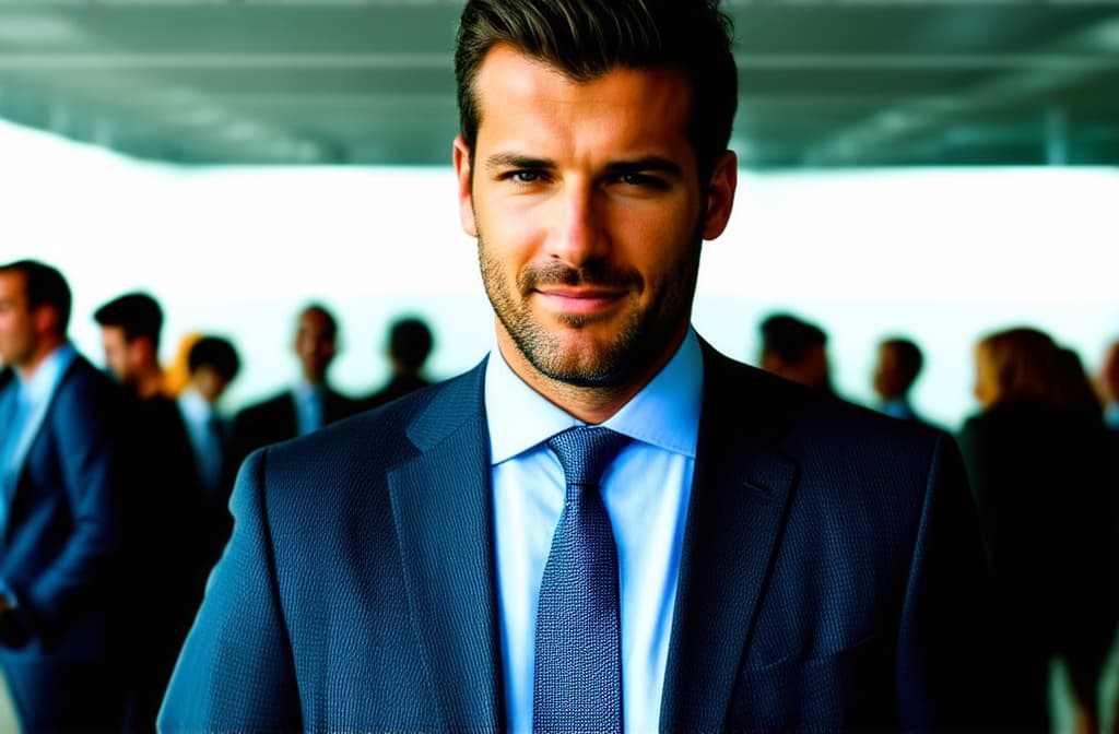  young successful businessman in suit standing in front of blurred crowd of colleagues ar 3:2, (natural skin texture), highly detailed face, depth of field, hyperrealism, soft light, muted colors