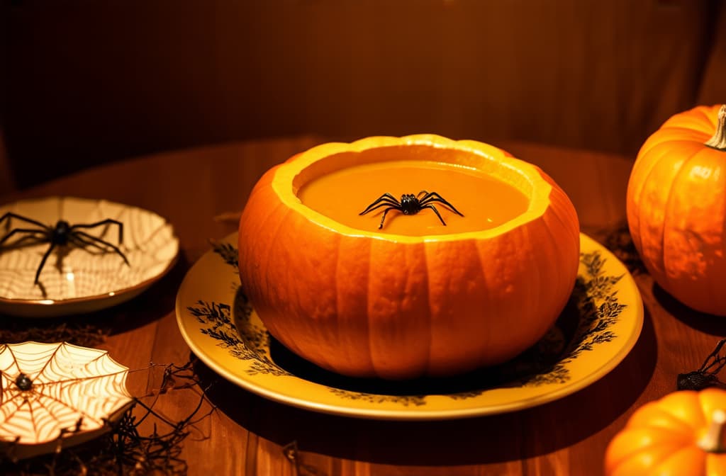  cinematic film style, pumpkin soup served on the table in a pumpkin, the table is set for halloween, there are small pumpkins around, a web with spiders and ghosts ar 3:2, shallow depth of field, vignette, maximum details, high budget hollywood movie, bokeh, cinemascope, moody, epic, gorgeous, sun rays and shadows on furniture and surfaces, flattering light, raw photo, photography, photorealistic, 8k resolution, f1.4, sharpened focus, sharp focus