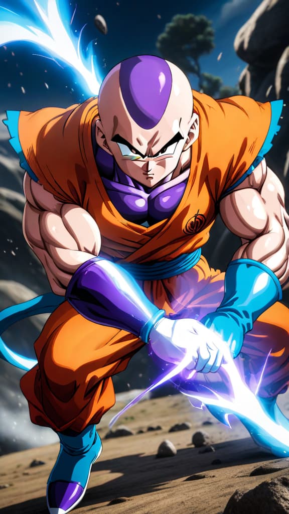  anime art: krillin's decisive blow shatters frieza, altering fate in a world without super saiyans. hyperrealistic, full body, detailed clothing, highly detailed, cinematic lighting, stunningly beautiful, intricate, sharp focus, f/1. 8, 85mm, (centered image composition), (professionally color graded), ((bright soft diffused light)), volumetric fog, trending on instagram, trending on tumblr, HDR 4K, 8K