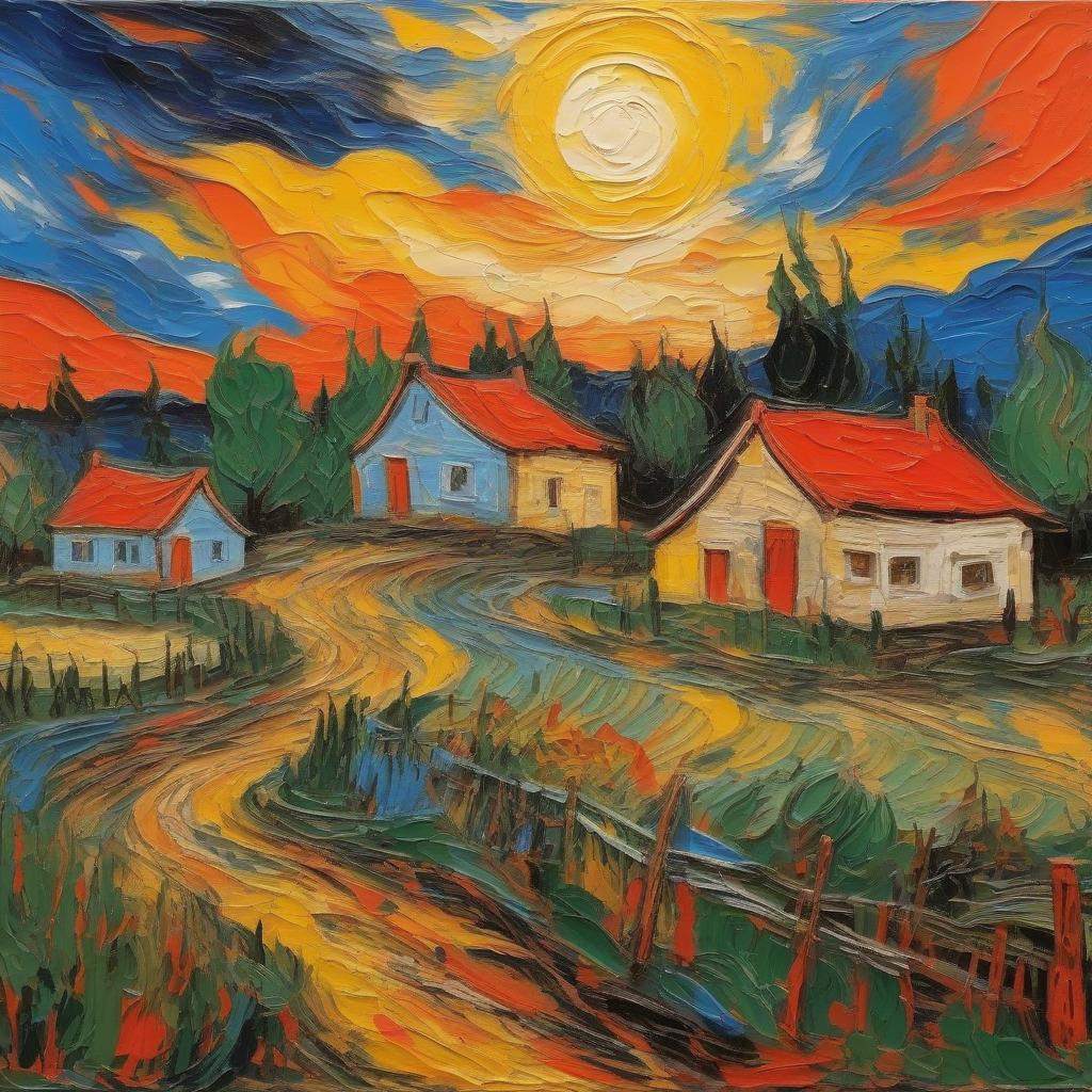  abstract expressionist painting a van gogh painting.. village. wooden houses. sunset over the forest. . bright. traces of old relief paint. . energetic brushwork, bold colors, abstract forms, expressive, emotional