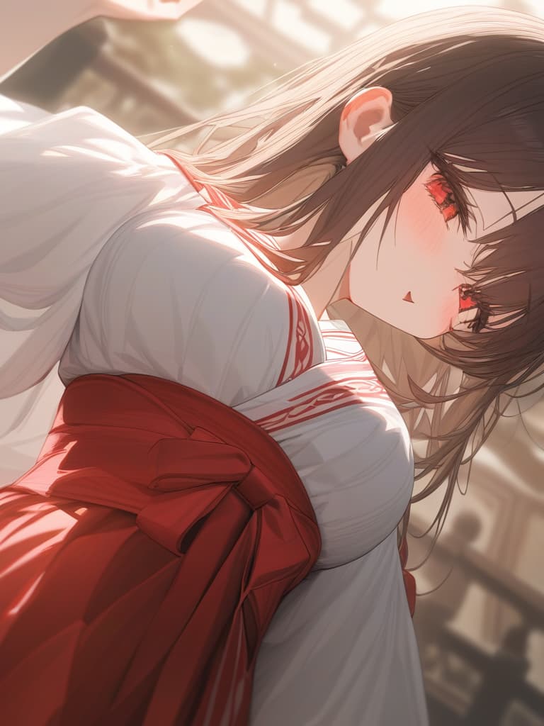  large red ribbon, shrine maiden, brown hair, masterpiece, best quality,8k,ultra detailed,high resolution,an extremely delicate and beautiful,hyper detail