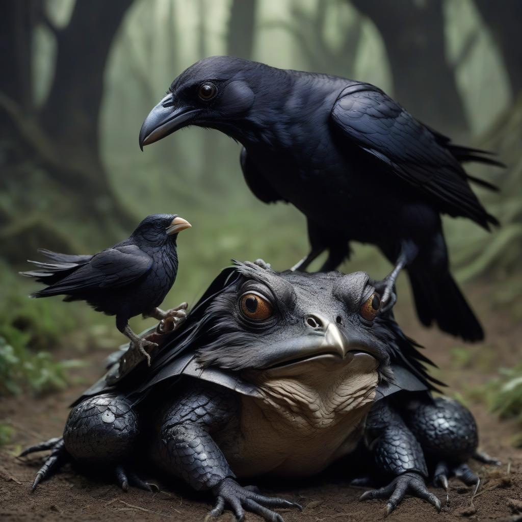  an armored toad feeds a tame raven.