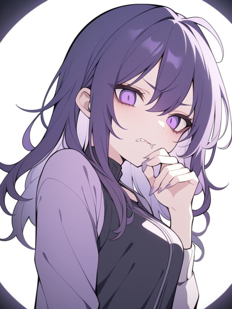  ((yandere,sickly cute,menhera,dark circles under eyes,messy hair,purple eyes,purple hair,biting nails,glaring,purple jersey,darkness,))、ultra detailed,best shadow,cute and beautiful face,(masterpiece:1.2),(best quality:1.2),detailed background,high contrast,(best illumination,an extremely delicate and beautiful),((cinematic light)),hyper detail,dramatic light,intricate details,8k,anime,very aesthetic