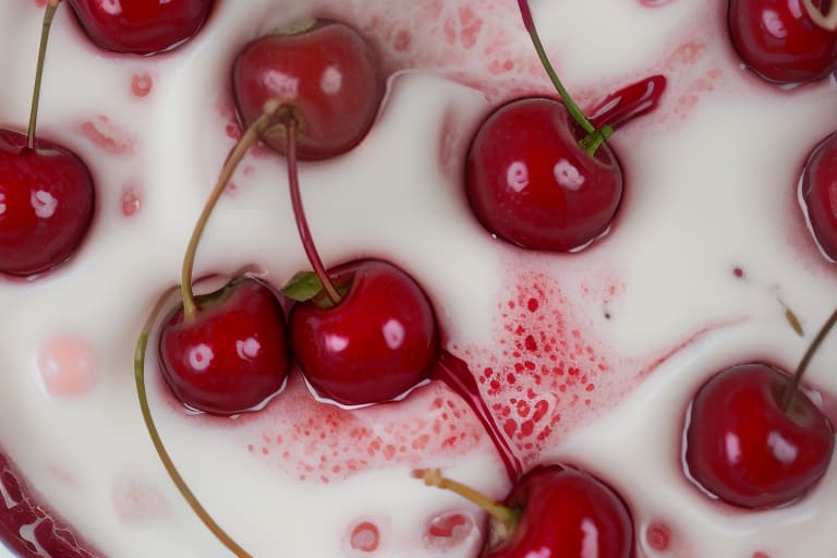  cherries and strawberries fall into milk, milk splashes close up