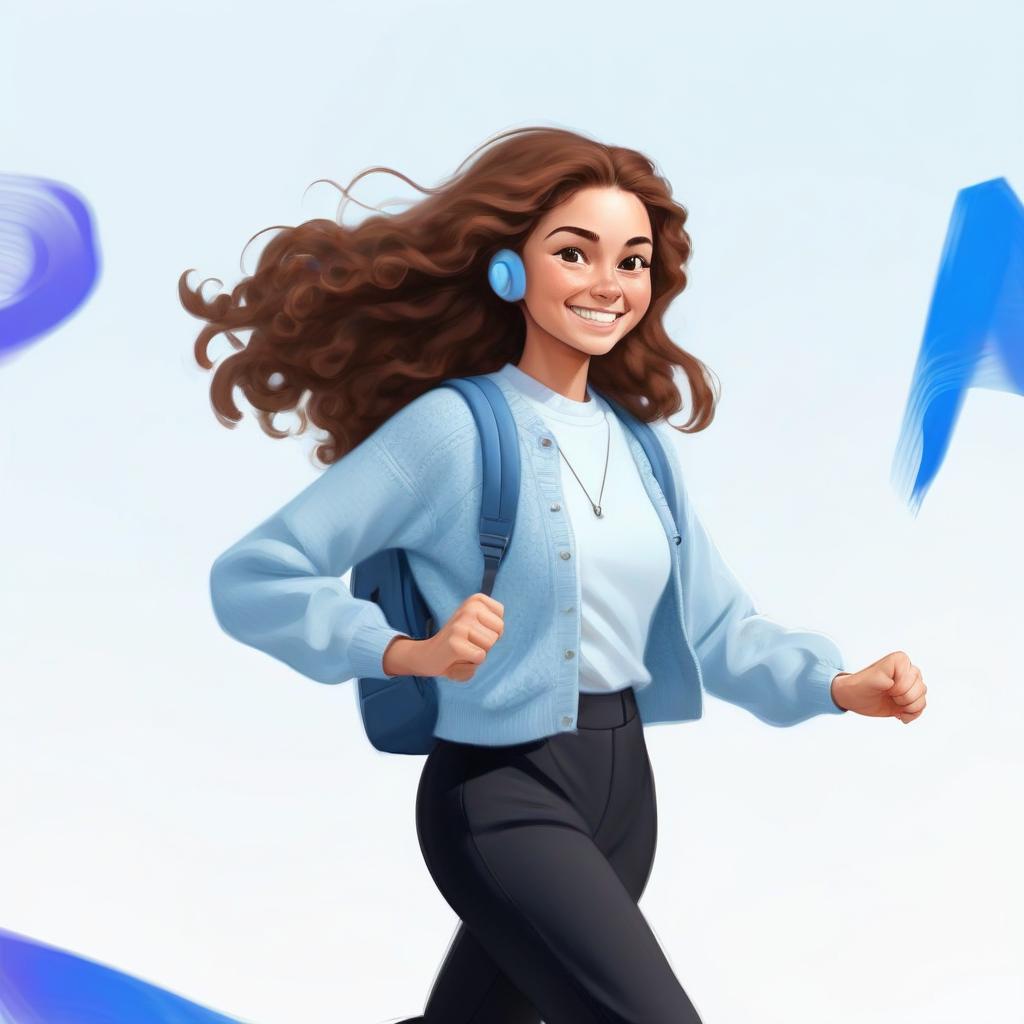  concept art a young woman with long brown curly hair wearing a light blue sweater, black flared pants and backpack, running and smiling . digital artwork, illustrative, painterly, matte painting, highly detailed