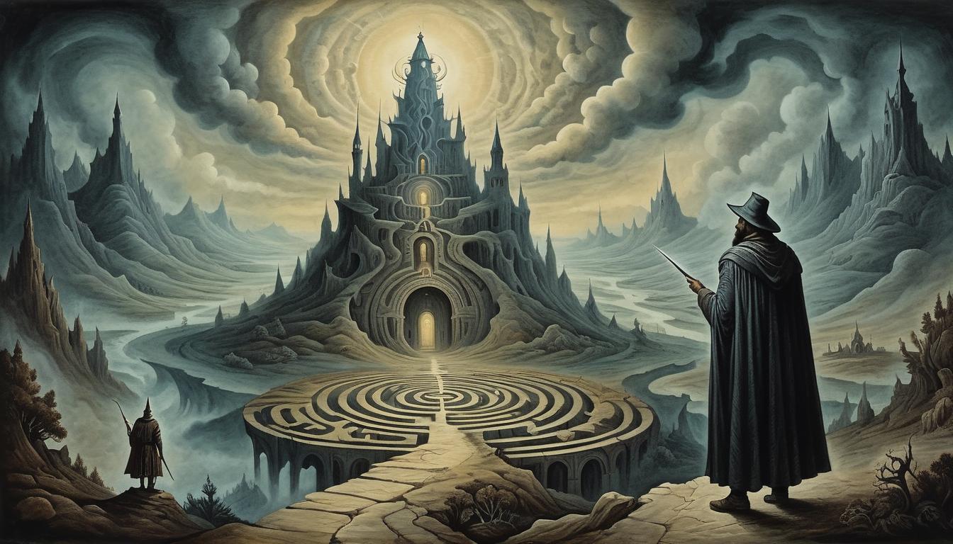  on parchment, surrealism+++, a figure with enhanced sight, eyes like beacons, pointing the way in a labyrinthine landscape, dark terrain, guiding, visionary(mysterious, provocative, symbolic,muted color)+++