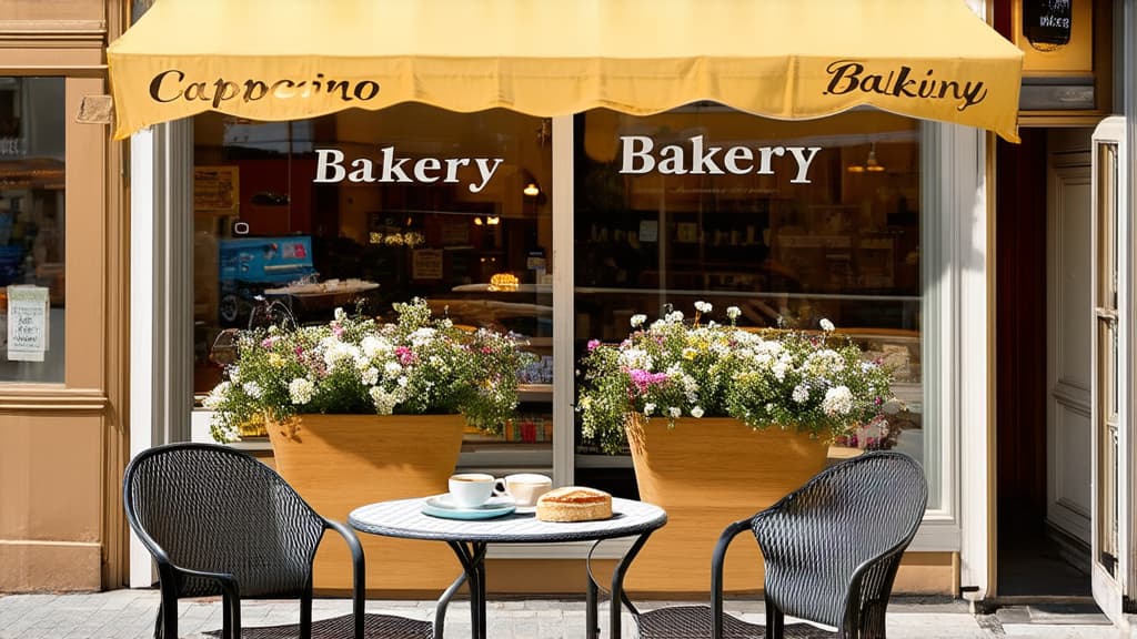  two chairs and a table with cappuccino and flowers in front of the bakery, romance, photography, unsplash winner, modern, morning light, store front, baking, front shot, window open, photo of beautiful, front view, outside view, breakfast, front view, snacks, wide, storefront, exterior shot ar 16:9 {prompt}, maximum details