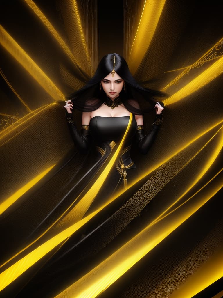  Golden yellow and sleek black color palette, captivating and inviting expression, exuding elegance and charm, magnetic beauty, intricate details, high contrast, luxurious feel, digital art, female, glossy finish, striking composition, dynamic lighting to enhance features.