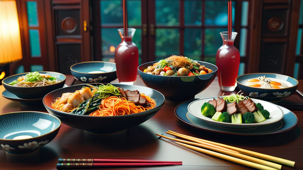  @ image prompt: a beautifully set chinese dining table featuring a variety of dishes, chopsticks resting on holders, and glasses ready for toasting, capturing the essence of traditional chinese dining etiquette and customs. hyperrealistic, full body, detailed clothing, highly detailed, cinematic lighting, stunningly beautiful, intricate, sharp focus, f/1. 8, 85mm, (centered image composition), (professionally color graded), ((bright soft diffused light)), volumetric fog, trending on instagram, trending on tumblr, HDR 4K, 8K