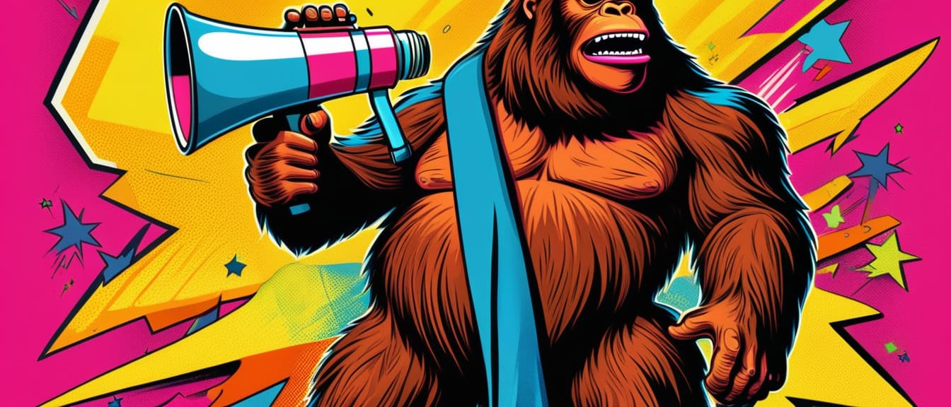  Pop art sale featuring a cool Bigfoot with a megaphone. Retro pop art style with bold colors and graphics.