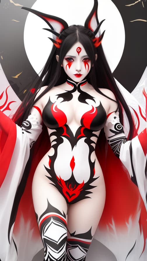  Full body red and Black flame pattern body paint, White body paint on the whole body, White face paint on the face, Dark elf 女の子