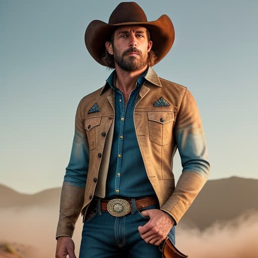  make an image of a cowboy hyperrealistic, full body, detailed clothing, highly detailed, cinematic lighting, stunningly beautiful, intricate, sharp focus, f/1. 8, 85mm, (centered image composition), (professionally color graded), ((bright soft diffused light)), volumetric fog, trending on instagram, trending on tumblr, HDR 4K, 8K