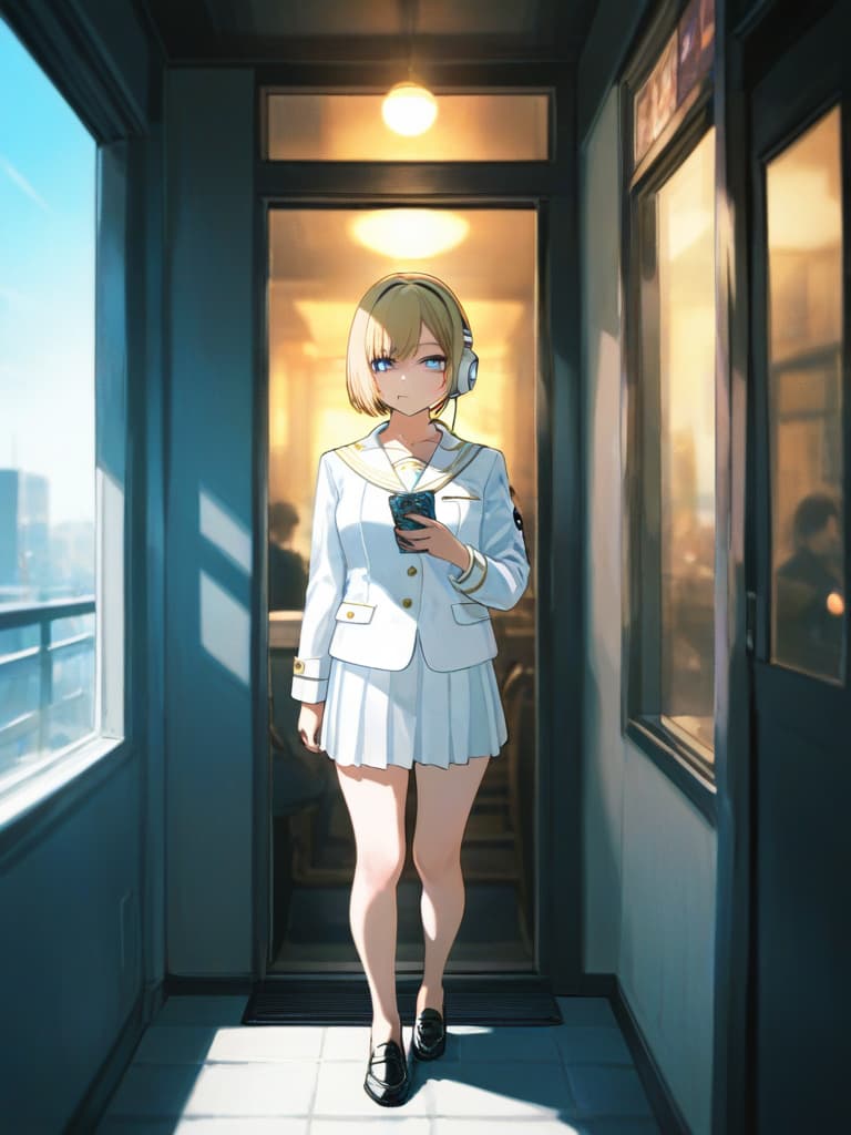  s wearing black tights, headphones, black loafers, whole body, blue eyes , blonde bob cut , white pleated , white sailor suit, with purple rose tattoo on the left , tobacco a smoked , a tattoo of a spider's web on the left arm, a cigarette, a who smokes tobacco, standing, masterpiece, best quality,8k,ultra detailed,high resolution,an extremely delicate and beautiful,hyper detail