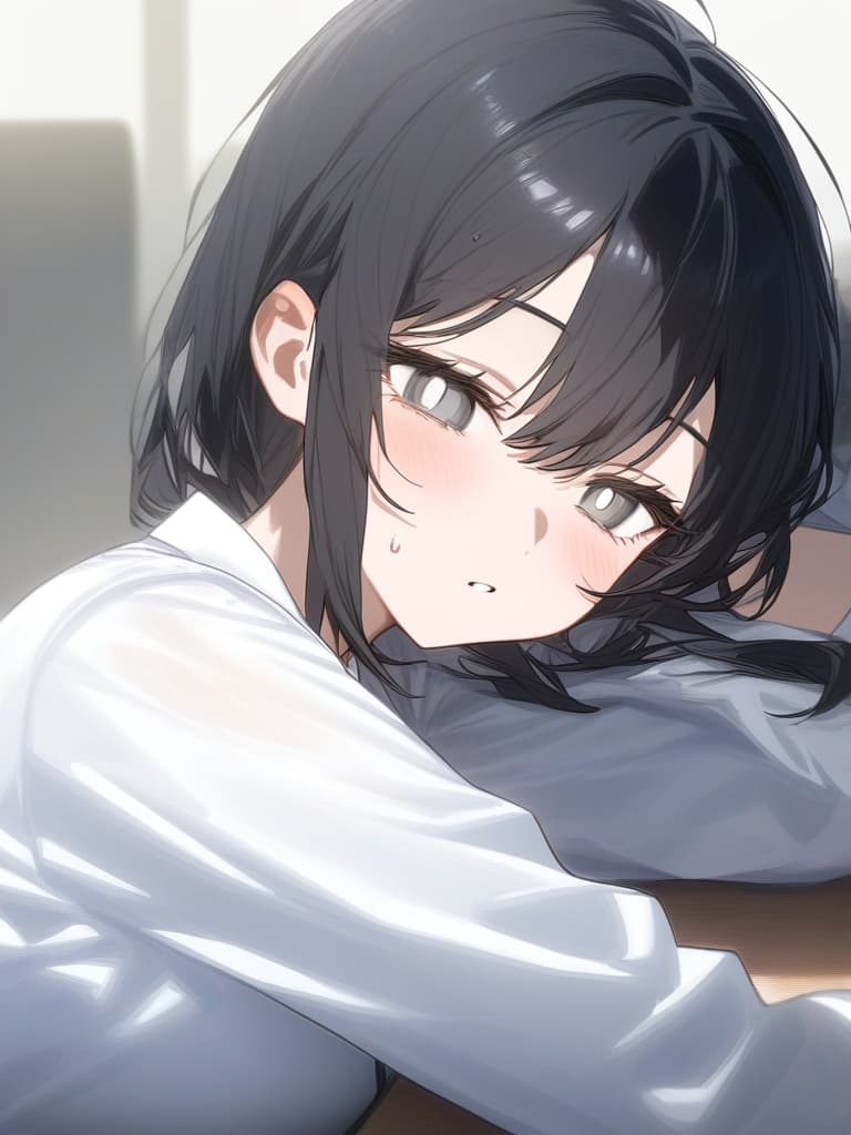  sleepy eyes,long eyelashes,1 girl,white eyes,black hair,white shirt