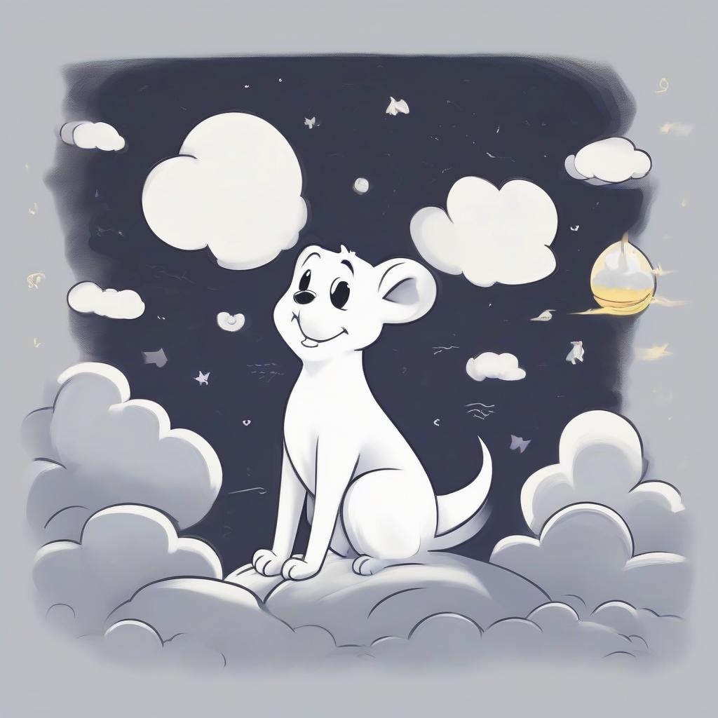  a white cloud, casper's sitting on the cloud, and he's smiling.