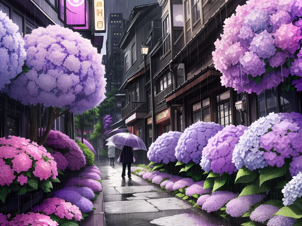  background of monochrome, (rainy city), [purple hydrangea] , real, clear purple, hydrangea blooming in flower beds, [town]+