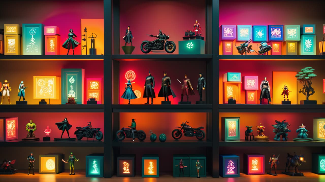  a vibrant display of various anime figures on a sleek, modern shelf, showcasing intricate details and dynamic poses, surrounded by colorful collectible boxes, soft ambient lighting highlighting each character's unique features. hyperrealistic, full body, detailed clothing, highly detailed, cinematic lighting, stunningly beautiful, intricate, sharp focus, f/1. 8, 85mm, (centered image composition), (professionally color graded), ((bright soft diffused light)), volumetric fog, trending on instagram, trending on tumblr, HDR 4K, 8K