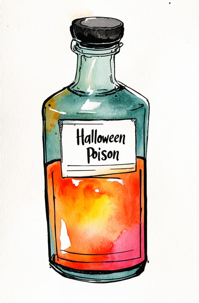  artwork hand drawn watercolor halloween bottle with poison isolated on white background ar 2:3, watercolor techniques, featuring fluid colors, subtle gradients, transparency associated with watercolor art