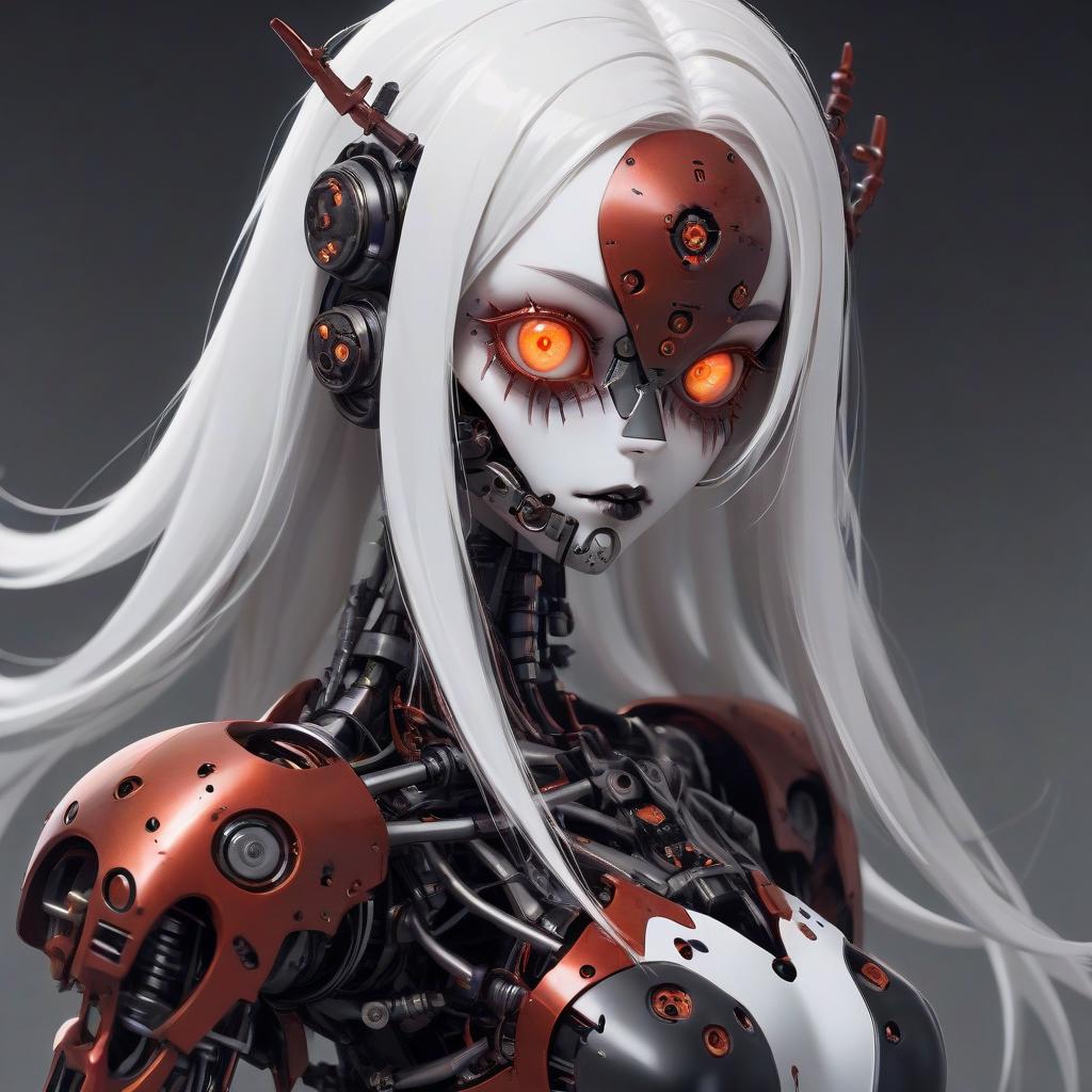  macabre style robot girl, red metal body, orange eyes, white hair . dark, gothic, grim, haunting, highly detailed