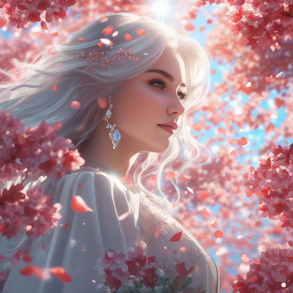  masterpiece, best quality, (masterpiece, best quality, high quality, highres, ultra-detailed), realistic,1 , the greater, (side id:1.1), long hair,((white hair)), leaf hair ornament, elf, green eyes, pale skin, bare shoulders, jewelry, , (detached sleeves:1.1), celet, (looking away:1.2), (hair floating:1.3), from side, (in forest:1.3), (pink flowers:1.1), (falling petals:1.1), (lens flare from right:1.2)